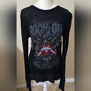 Bejeweled Black Graphic Long Sleeve Top with Rhinestones